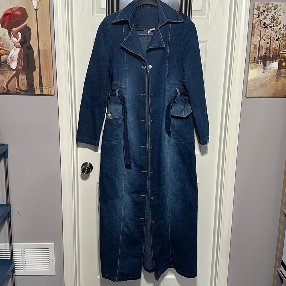 Vintage Long Denim Jacket/Coat With Pockets, Tie Belt and Shoulder Pads